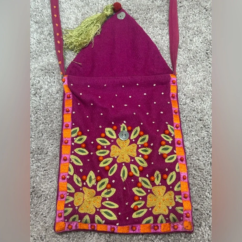 PATIENCE BREWSTER boho Beaded Cotton Crossbody Bag